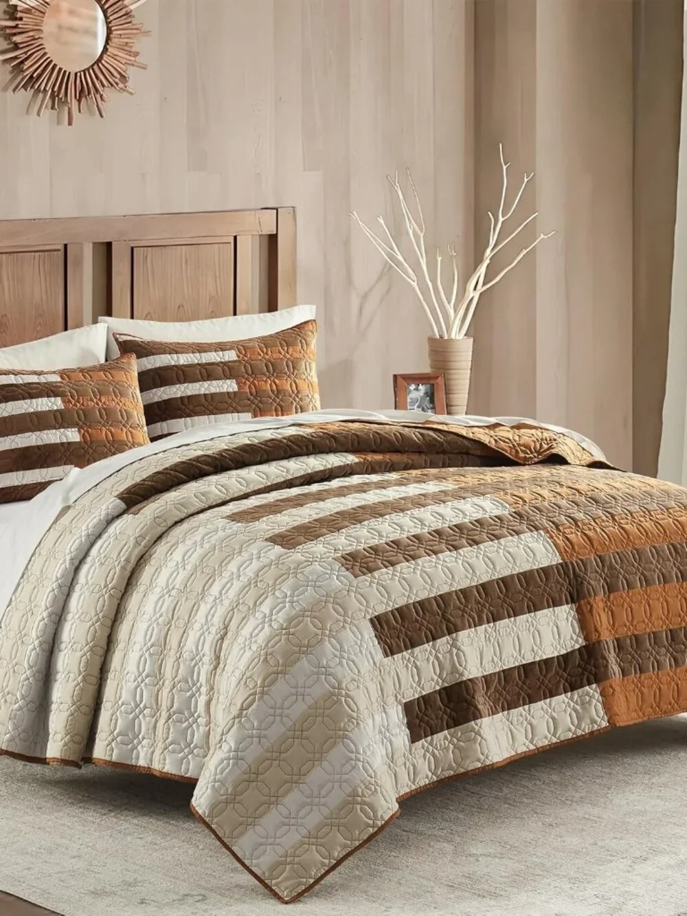 Patchwork Quilt Set King, All-Season Bedding, Brown Boho Coverlet Soft Multi-Mat